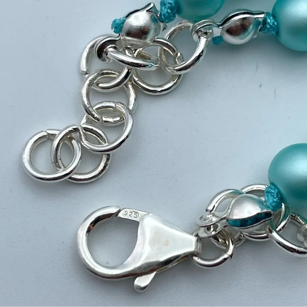 Sterling Silver knotted Double Strand Turquoise Faux Glass Pearl Necklace